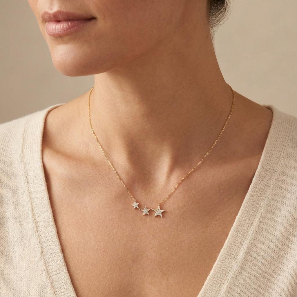 Gold star necklace with micro pave diamonds photography by Morelove Designs