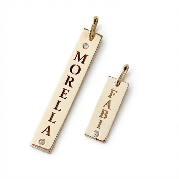 Personalized 14Kt gold vertical bar name necklace with zircon product photo by Morelove Designs