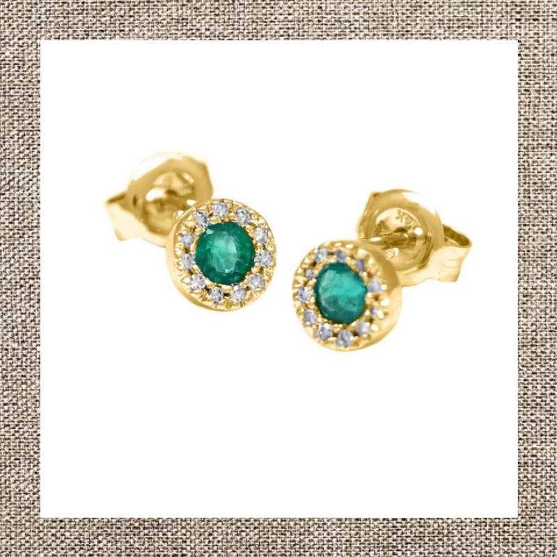 Halo Round Prong Emerald Earrings in Gold 14Kt