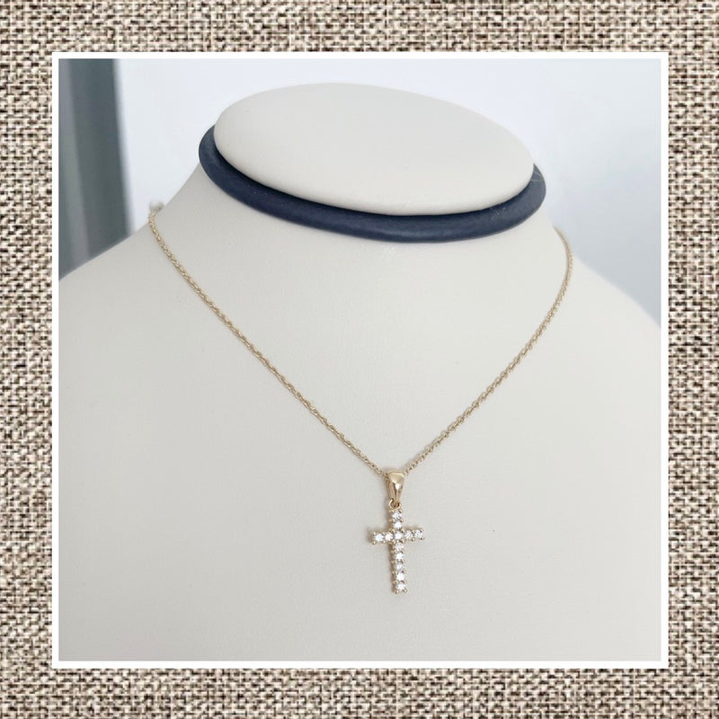 Micro Pave Diamond Cross Necklace in Gold 14Kt