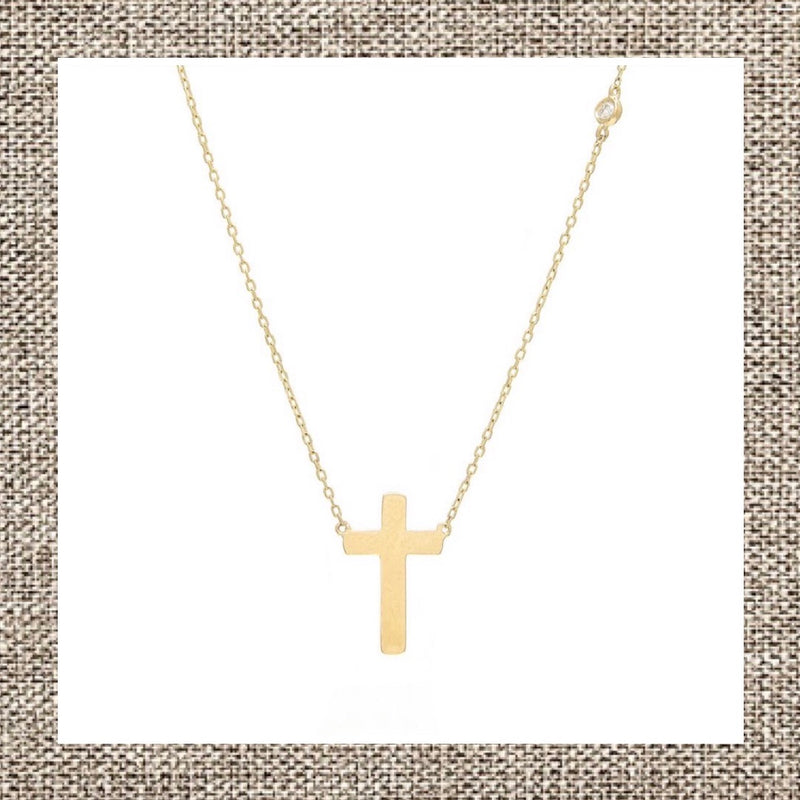 Single Cross Shaped Necklace with Side Bezel Diamond in Gold 14Kt