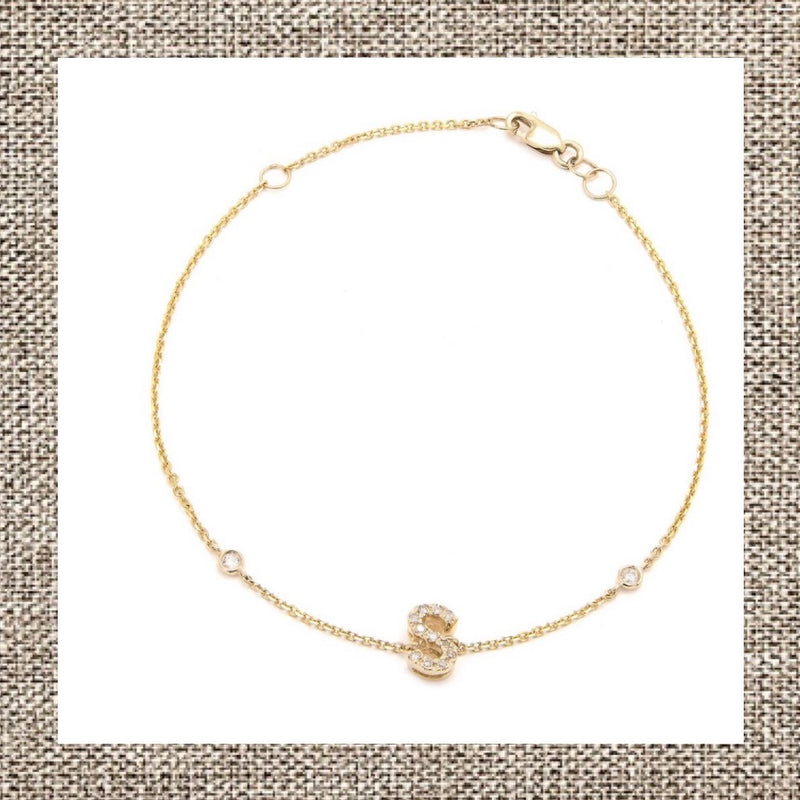 Pave Initial Bracelet with side Diamond Bezels in Gold 14Kt
