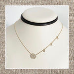 Micro Pave Disk Necklace with 3 Dangle Diamonds in Gold 14Kt