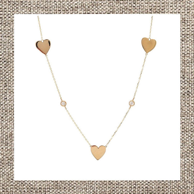 3-Heart Charms Necklace with side Diamonds in Gold 14Kt