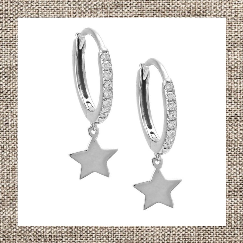 Diamond Huggie Earrings with Star Drop Charm in Gold 14Kt