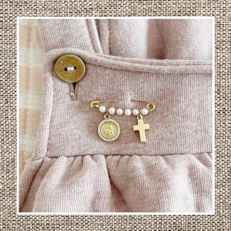 Pearled Safety Pin with Zircon Angel Charm & Cross in Gold 14Kt